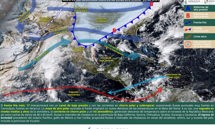 Llega frente frío 17 a Tamaulipas; prevén lluvias intensas y descenso de temperatura